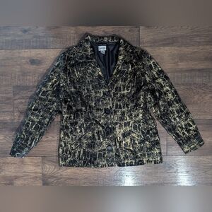 Chicos Women's Black & Metallic Gold Scroll Print Blazer Size XL Buttons Unique